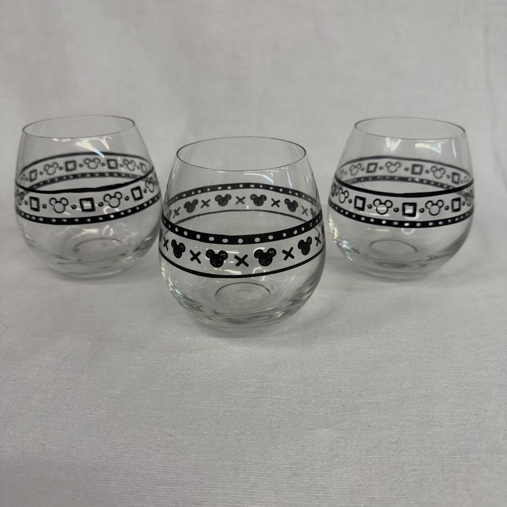 Disney Mickey Mouse Stemless Drinking Wine Glasses Set (3) Geo Icon Band Design